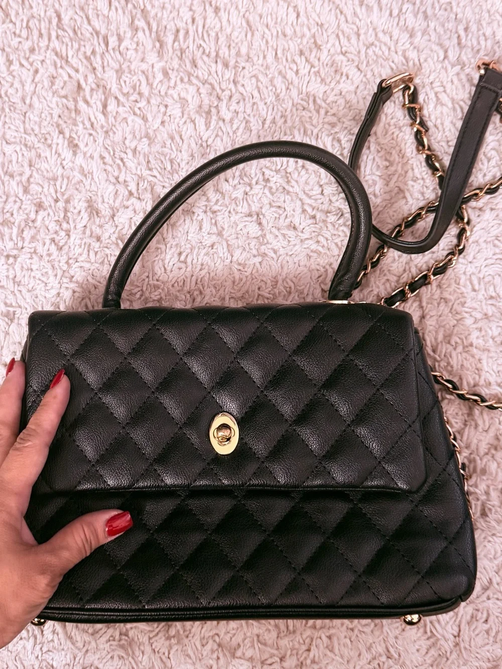 Black Quilted Top-Handle Crossbody Bag with Gold Hardware